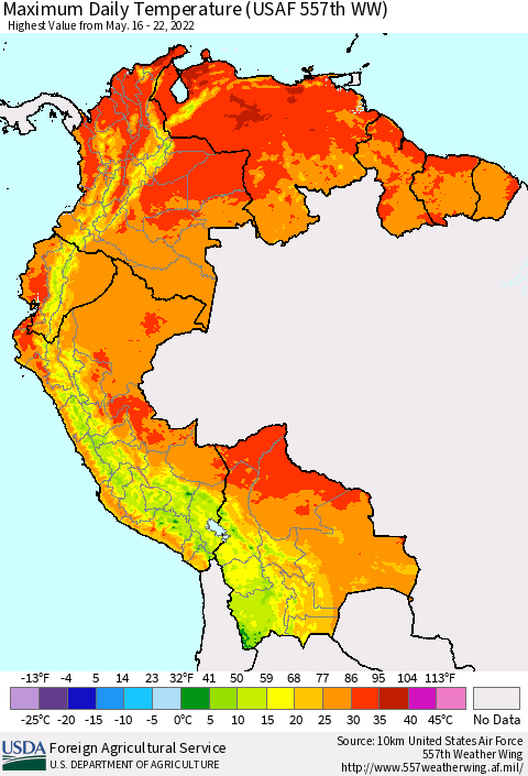 Northern South America Maximum Daily Temperature (USAF 557th WW) Thematic Map For 5/16/2022 - 5/22/2022