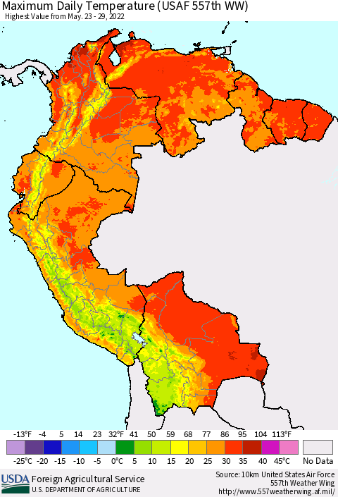Northern South America Extreme Maximum Temperature (USAF 557th WW) Thematic Map For 5/23/2022 - 5/29/2022