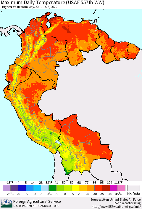 Northern South America Maximum Daily Temperature (USAF 557th WW) Thematic Map For 5/30/2022 - 6/5/2022