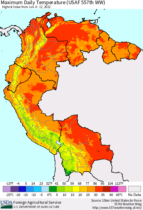 Northern South America Extreme Maximum Temperature (USAF 557th WW) Thematic Map For 6/6/2022 - 6/12/2022