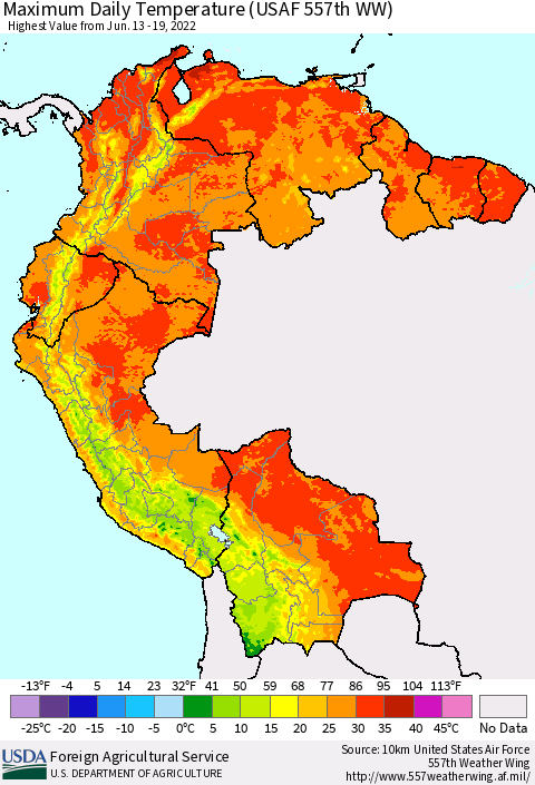 Northern South America Maximum Daily Temperature (USAF 557th WW) Thematic Map For 6/13/2022 - 6/19/2022