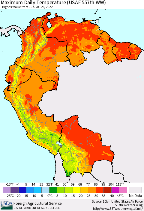 Northern South America Extreme Maximum Temperature (USAF 557th WW) Thematic Map For 6/20/2022 - 6/26/2022