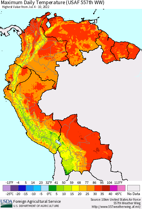 Northern South America Maximum Daily Temperature (USAF 557th WW) Thematic Map For 7/4/2022 - 7/10/2022