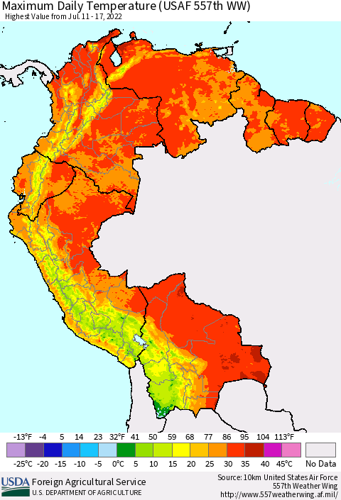 Northern South America Extreme Maximum Temperature (USAF 557th WW) Thematic Map For 7/11/2022 - 7/17/2022