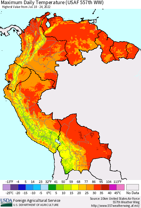 Northern South America Extreme Maximum Temperature (USAF 557th WW) Thematic Map For 7/18/2022 - 7/24/2022
