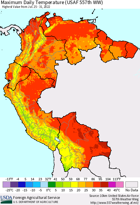 Northern South America Extreme Maximum Temperature (USAF 557th WW) Thematic Map For 7/25/2022 - 7/31/2022