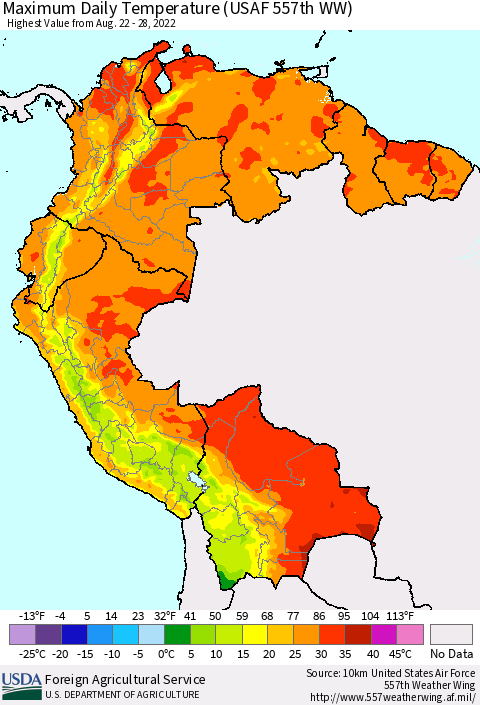 Northern South America Maximum Daily Temperature (USAF 557th WW) Thematic Map For 8/22/2022 - 8/28/2022