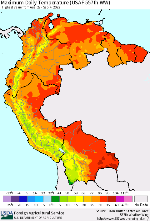 Northern South America Maximum Daily Temperature (USAF 557th WW) Thematic Map For 8/29/2022 - 9/4/2022