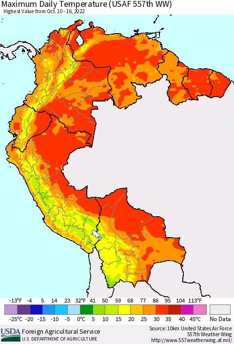 Northern South America Maximum Daily Temperature (USAF 557th WW) Thematic Map For 10/10/2022 - 10/16/2022