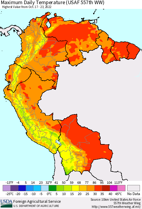 Northern South America Maximum Daily Temperature (USAF 557th WW) Thematic Map For 10/17/2022 - 10/23/2022