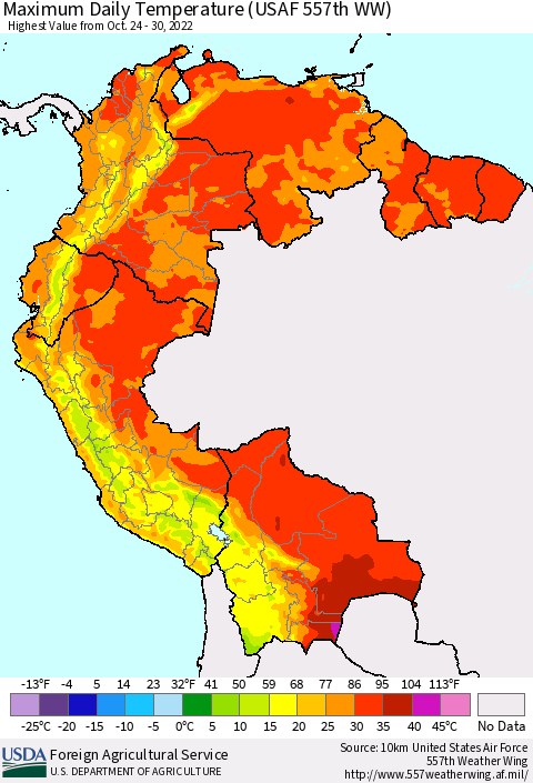 Northern South America Maximum Daily Temperature (USAF 557th WW) Thematic Map For 10/24/2022 - 10/30/2022