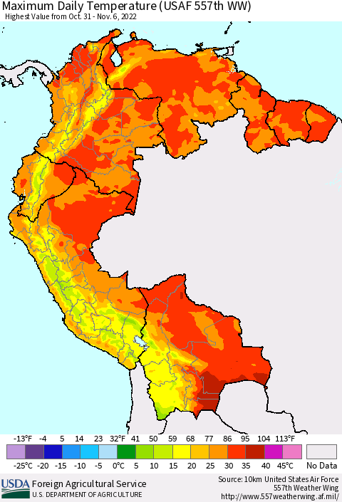 Northern South America Maximum Daily Temperature (USAF 557th WW) Thematic Map For 10/31/2022 - 11/6/2022