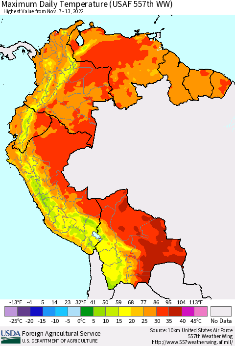 Northern South America Maximum Daily Temperature (USAF 557th WW) Thematic Map For 11/7/2022 - 11/13/2022