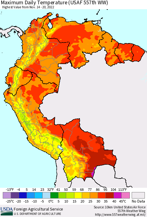 Northern South America Maximum Daily Temperature (USAF 557th WW) Thematic Map For 11/14/2022 - 11/20/2022