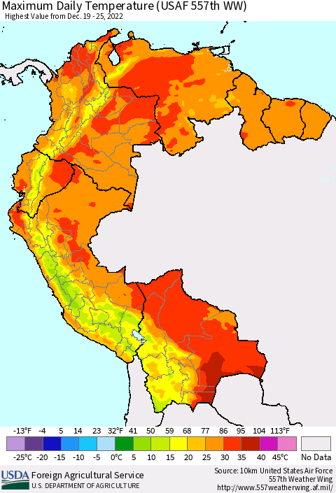 Northern South America Maximum Daily Temperature (USAF 557th WW) Thematic Map For 12/19/2022 - 12/25/2022