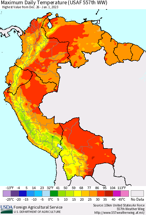 Northern South America Maximum Daily Temperature (USAF 557th WW) Thematic Map For 12/26/2022 - 1/1/2023