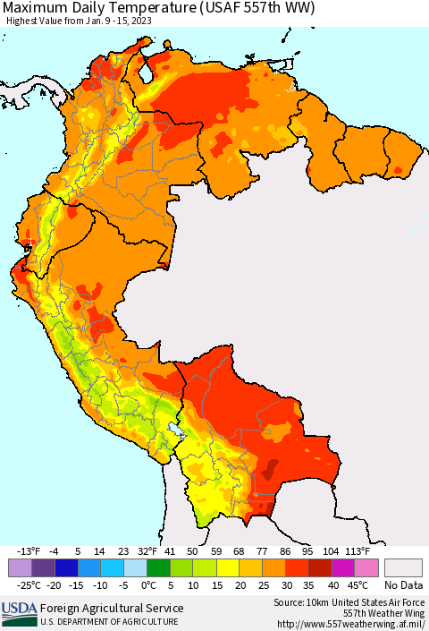 Northern South America Maximum Daily Temperature (USAF 557th WW) Thematic Map For 1/9/2023 - 1/15/2023