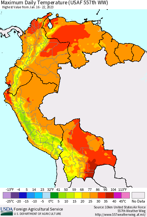Northern South America Maximum Daily Temperature (USAF 557th WW) Thematic Map For 1/16/2023 - 1/22/2023