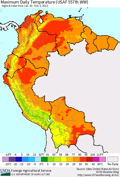 Northern South America Maximum Daily Temperature (USAF 557th WW) Thematic Map For 1/30/2023 - 2/5/2023