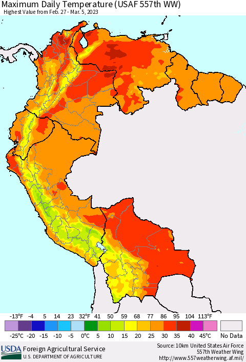 Northern South America Maximum Daily Temperature (USAF 557th WW) Thematic Map For 2/27/2023 - 3/5/2023