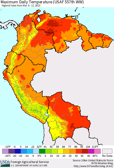 Northern South America Maximum Daily Temperature (USAF 557th WW) Thematic Map For 3/6/2023 - 3/12/2023