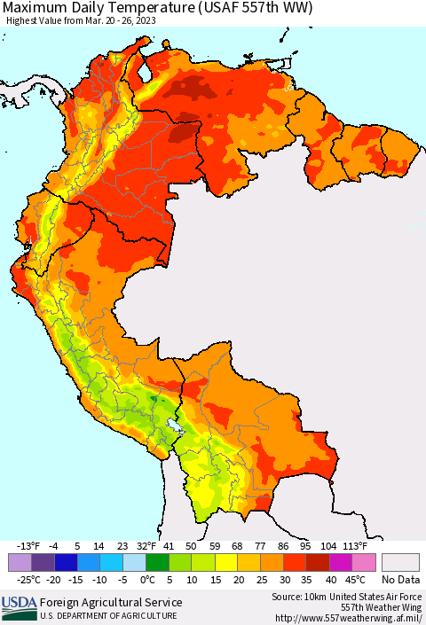 Northern South America Maximum Daily Temperature (USAF 557th WW) Thematic Map For 3/20/2023 - 3/26/2023