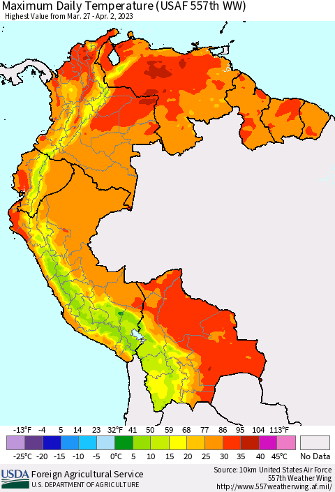 Northern South America Maximum Daily Temperature (USAF 557th WW) Thematic Map For 3/27/2023 - 4/2/2023