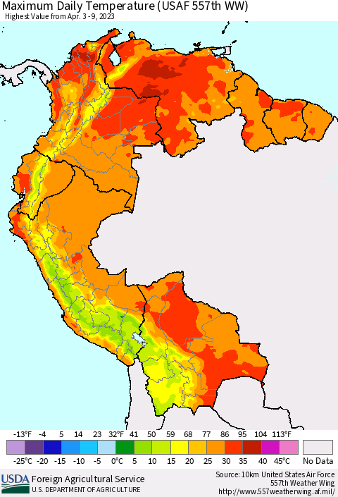 Northern South America Maximum Daily Temperature (USAF 557th WW) Thematic Map For 4/3/2023 - 4/9/2023