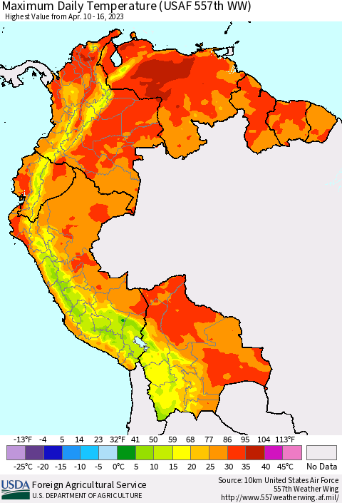 Northern South America Maximum Daily Temperature (USAF 557th WW) Thematic Map For 4/10/2023 - 4/16/2023