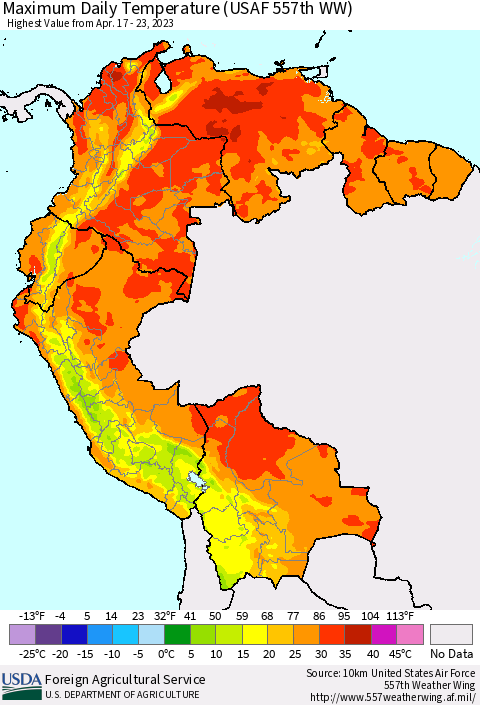 Northern South America Maximum Daily Temperature (USAF 557th WW) Thematic Map For 4/17/2023 - 4/23/2023