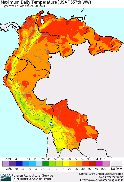 Northern South America Maximum Daily Temperature (USAF 557th WW) Thematic Map For 4/24/2023 - 4/30/2023
