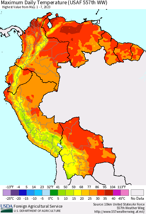 Northern South America Maximum Daily Temperature (USAF 557th WW) Thematic Map For 5/1/2023 - 5/7/2023
