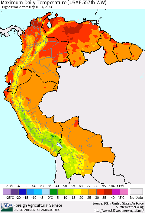 Northern South America Maximum Daily Temperature (USAF 557th WW) Thematic Map For 5/8/2023 - 5/14/2023
