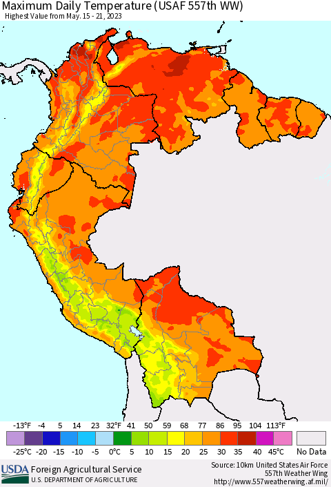 Northern South America Maximum Daily Temperature (USAF 557th WW) Thematic Map For 5/15/2023 - 5/21/2023