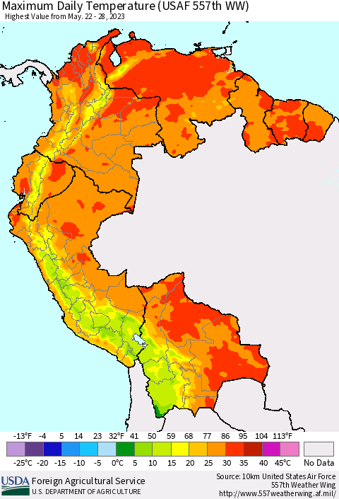 Northern South America Maximum Daily Temperature (USAF 557th WW) Thematic Map For 5/22/2023 - 5/28/2023