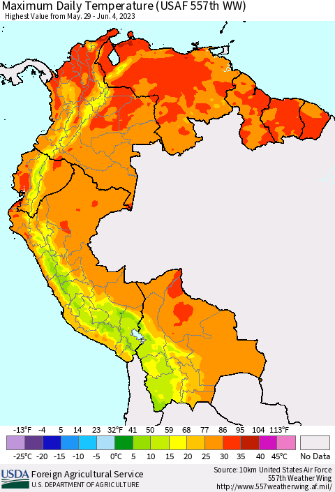 Northern South America Maximum Daily Temperature (USAF 557th WW) Thematic Map For 5/29/2023 - 6/4/2023