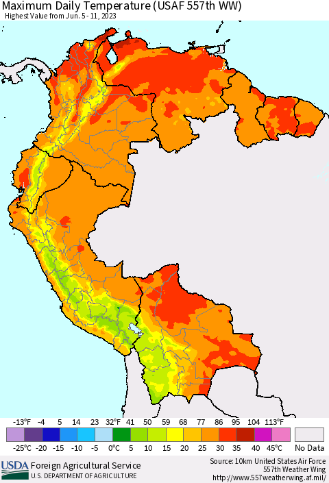 Northern South America Maximum Daily Temperature (USAF 557th WW) Thematic Map For 6/5/2023 - 6/11/2023