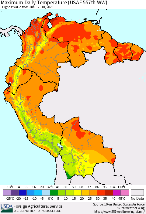 Northern South America Maximum Daily Temperature (USAF 557th WW) Thematic Map For 6/12/2023 - 6/18/2023