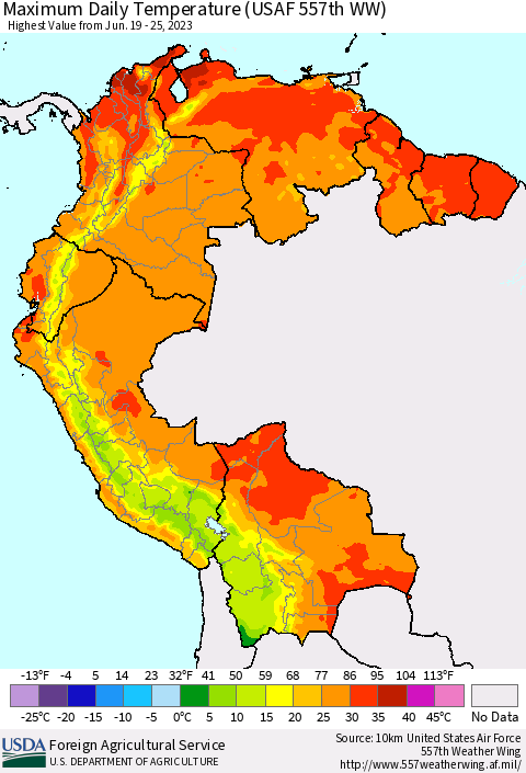 Northern South America Maximum Daily Temperature (USAF 557th WW) Thematic Map For 6/19/2023 - 6/25/2023