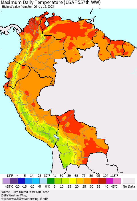 Northern South America Maximum Daily Temperature (USAF 557th WW) Thematic Map For 6/26/2023 - 7/2/2023