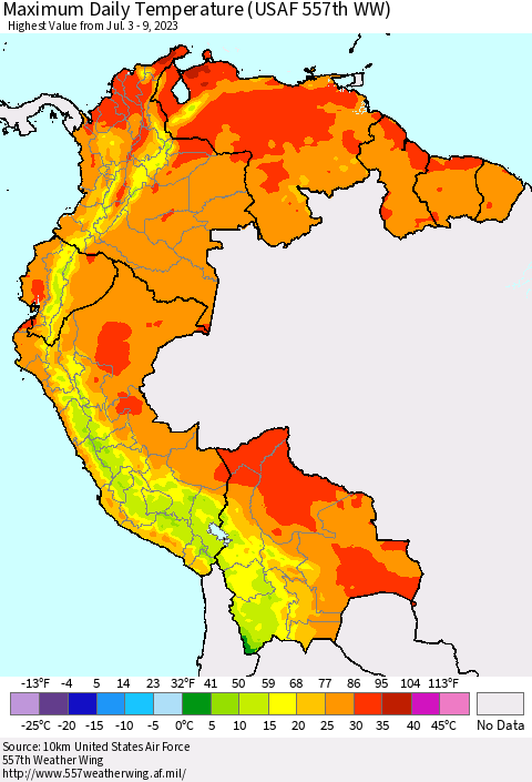 Northern South America Maximum Daily Temperature (USAF 557th WW) Thematic Map For 7/3/2023 - 7/9/2023