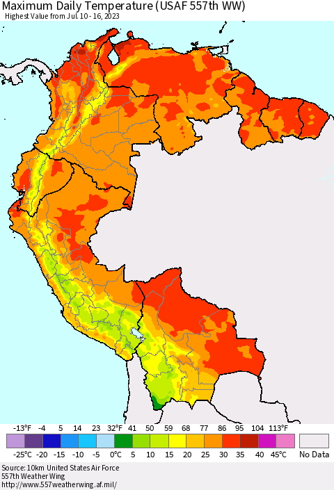 Northern South America Maximum Daily Temperature (USAF 557th WW) Thematic Map For 7/10/2023 - 7/16/2023