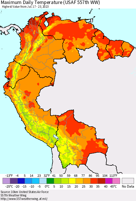 Northern South America Maximum Daily Temperature (USAF 557th WW) Thematic Map For 7/17/2023 - 7/23/2023
