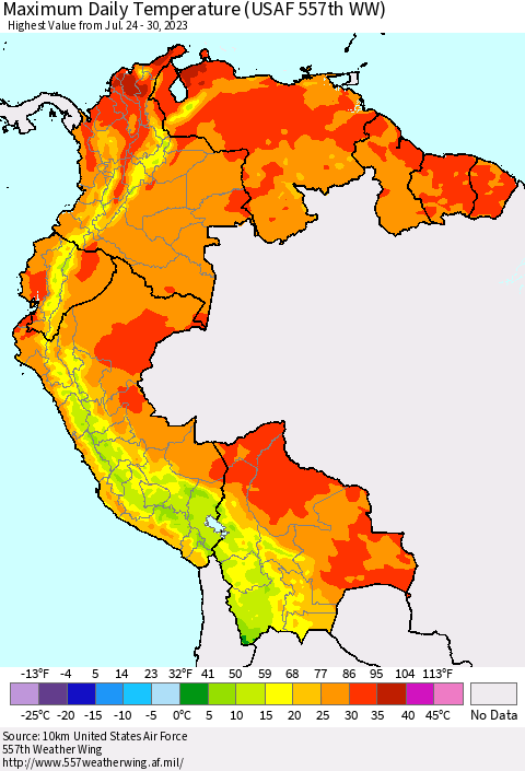 Northern South America Maximum Daily Temperature (USAF 557th WW) Thematic Map For 7/24/2023 - 7/30/2023