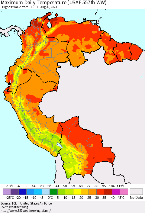Northern South America Maximum Daily Temperature (USAF 557th WW) Thematic Map For 7/31/2023 - 8/6/2023