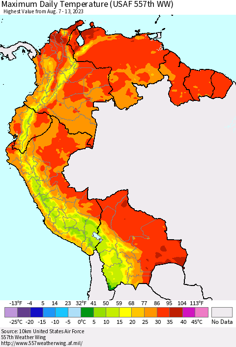 Northern South America Maximum Daily Temperature (USAF 557th WW) Thematic Map For 8/7/2023 - 8/13/2023