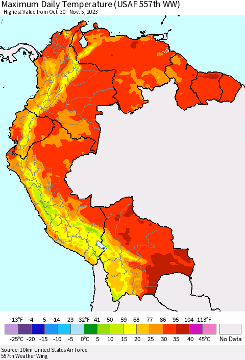 Northern South America Maximum Daily Temperature (USAF 557th WW) Thematic Map For 10/30/2023 - 11/5/2023