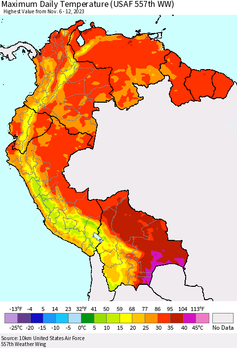 Northern South America Maximum Daily Temperature (USAF 557th WW) Thematic Map For 11/6/2023 - 11/12/2023