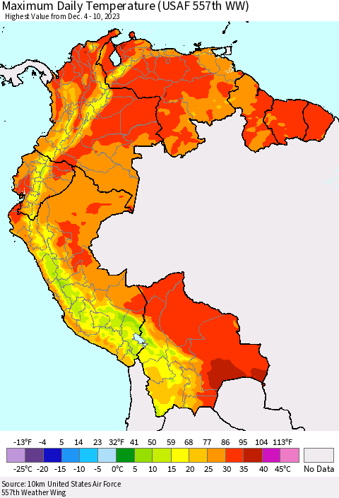 Northern South America Maximum Daily Temperature (USAF 557th WW) Thematic Map For 12/4/2023 - 12/10/2023