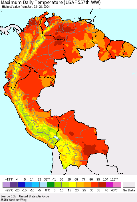 Northern South America Maximum Daily Temperature (USAF 557th WW) Thematic Map For 1/22/2024 - 1/28/2024